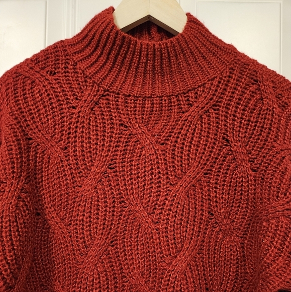 AE American Eagle Cable Knit Mock neck Red Sweater jumper Bishop sleeve size S - Picture 4 of 11